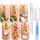 6 Pieces Christmas Can Glass 16oz Coffee Glass Cup with Bamboo Lid and Straw Santa Claus, Elk, Christmas Tree Can Glass for for Water, Juice, Milk, Beer, Whiskey and Christmas Party Supplies
