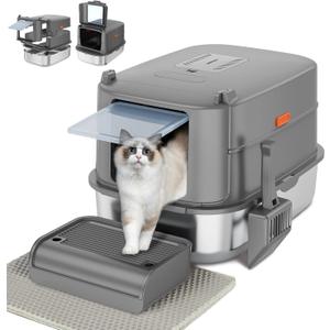 Enclosed Stainless Steel Litter Box with Lid for Big Cats/Kittens, XL Large Removable Cat Litter pan with Scoop, Mat, Stairs, carbon cartridge, Odorless, Non-Sticky, Easy Cleaning (Dark Grey)