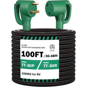 STRIGHT 100FT RV Extension Cord 30 Amp, RV Power Extension Cord NEMA TT-30P Male to TT-30R Female Heavy Duty 10 AWG STW 3-Wire for RV Trailer Campers 125V, 3750W, ETL Listed (100FT 30AMP), Green Plug