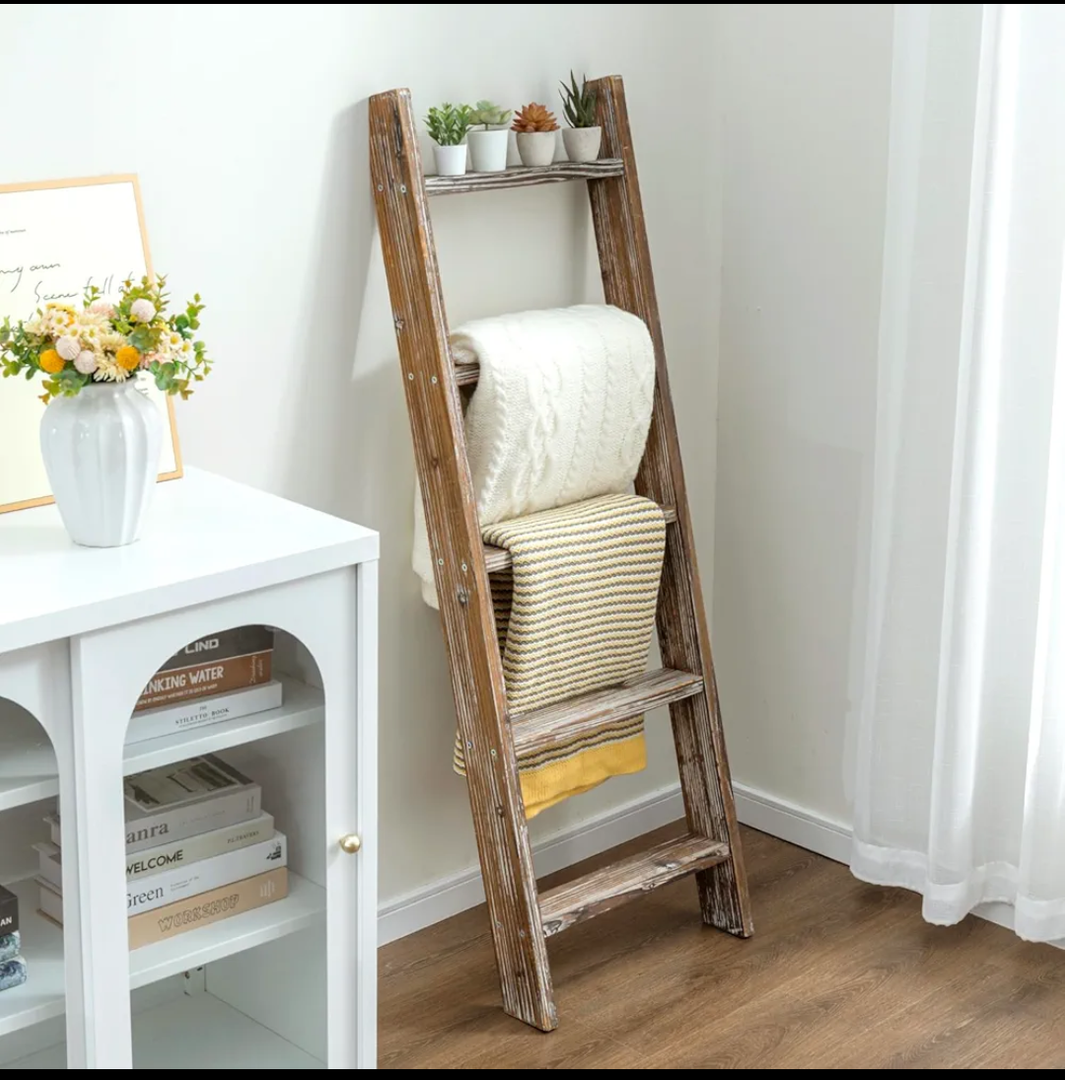 MyGift Decorative Ladder Shelf, 4.5 Foot Wall Leaning Wooden Towel Blanket Ladder Storage Rack for Bathroom or Living Room, Torched Brown Wood