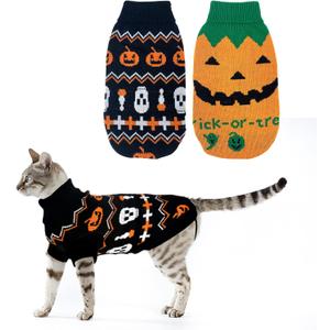 Vehomy 2Pcs Pet Halloween Sweaters Dog Halloween Pumpkin Sweater Kitten Cat Holiday Theme Turtleneck Knitwear Shirt with Pumpkin Skull Patterns Dog Puppy Halloween Costume Clothes for Small Dogs M