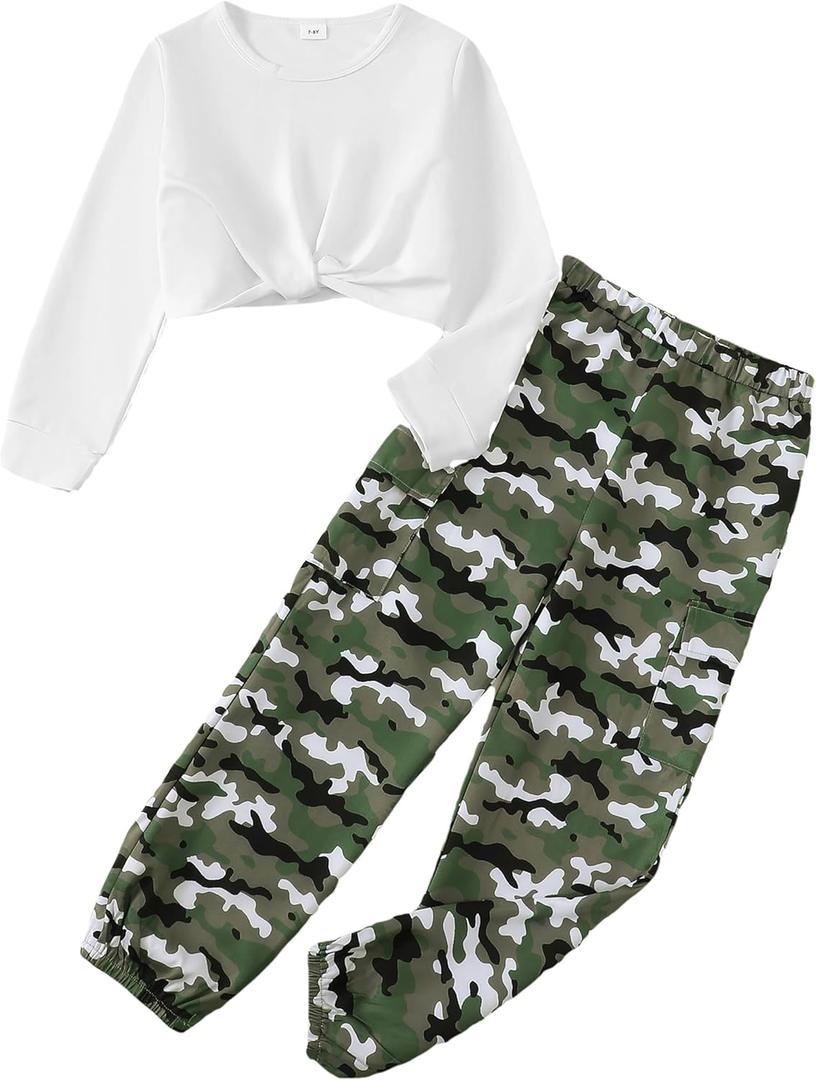 Girls 2 Piece Outfits Long Sleeve Twist Front Shirts and Camo Pants Sets for Fall Winter Sweatsuits Size 5-14Y (White)