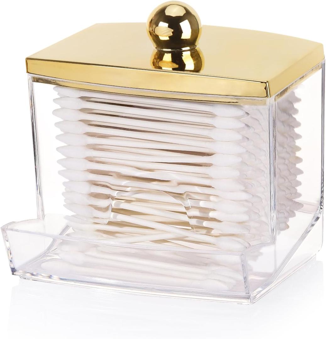 Tbestmax 10oz Qtip Holder Dispenser L Size Bathroom Container with Gold Lid for Bathroom Organizer Accessories Decor Storage-Qtips Cotton Ball Holder