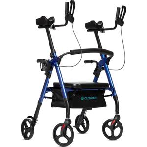 ELENKER Heavy Duty Upright Rollator Walker with Extra Wide Padded Seat and Backrest, Bariatric Stand Up Rolling Walker, Fully Adjustment Frame for Seniors, Blue