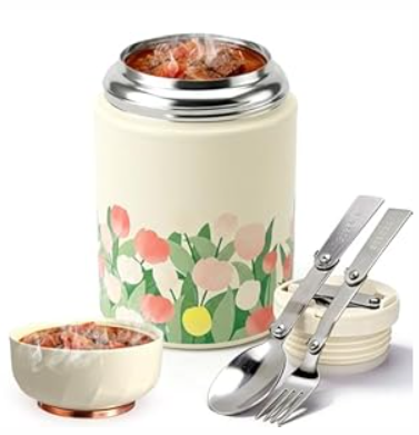 Juome Thermo for Hot Food, 18oz Soup Thermo Lunch Box for Adults, Insulated Vacuum Food Jar Container with Spoon&Fork, Leak Proof Stainless Steel Wide Mouth Thermo for Hot & Cold Foods, Drinks (Tulip)