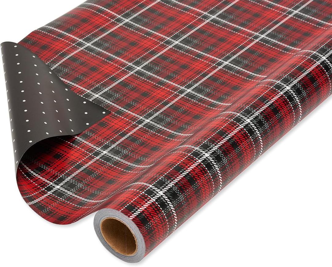 American Greetings Jumbo Reversible Wrapping Paper Roll for Christmas, Red and Black Holiday Gift Wrap (175 sq. ft., 1 Extra Large Roll-30 in. x 70 ft.) Polka Dots and Plaid