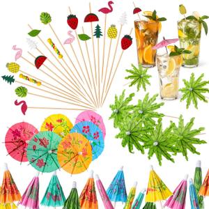 160 Pcs Cocktail Drink Accessories 60 Drink Cocktail Umbrellas 100 4.7 Inch Fruit Picks Summer Coconut Palm Colorful Bamboo Toothpicks Tropical Luau Hawaiian Beach Party Decorations