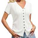 Messic Knit Tops for Women: Short Sleeve Sweater Womens Summer Tops 2026 Button Down Wrap Shirt V Neck Ruched Tops for Women Dressy Casual Top Lightweight Sweater Professional Office Outfits White M