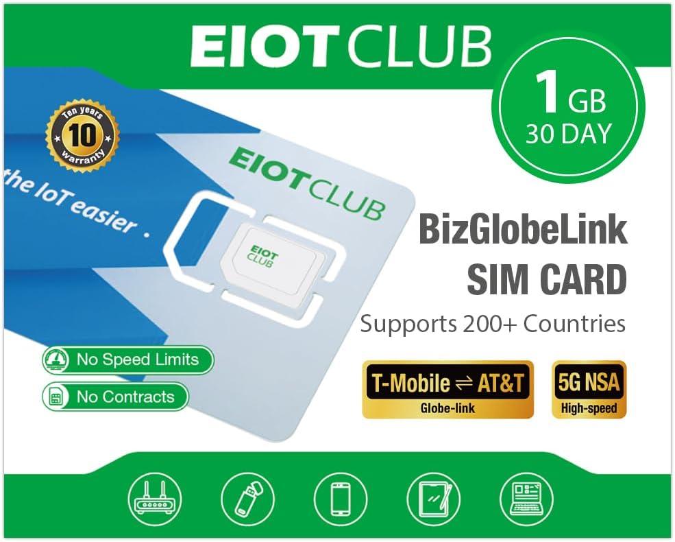 EIOTCLUB International SIM Card - 1GB/30Day, 5G/4G Business Travel SIM Card for USA/Europe/200+ Countries, Prepaid Data SIM for Mobile Phone, Router, Hotspot (No Roaming Charges)