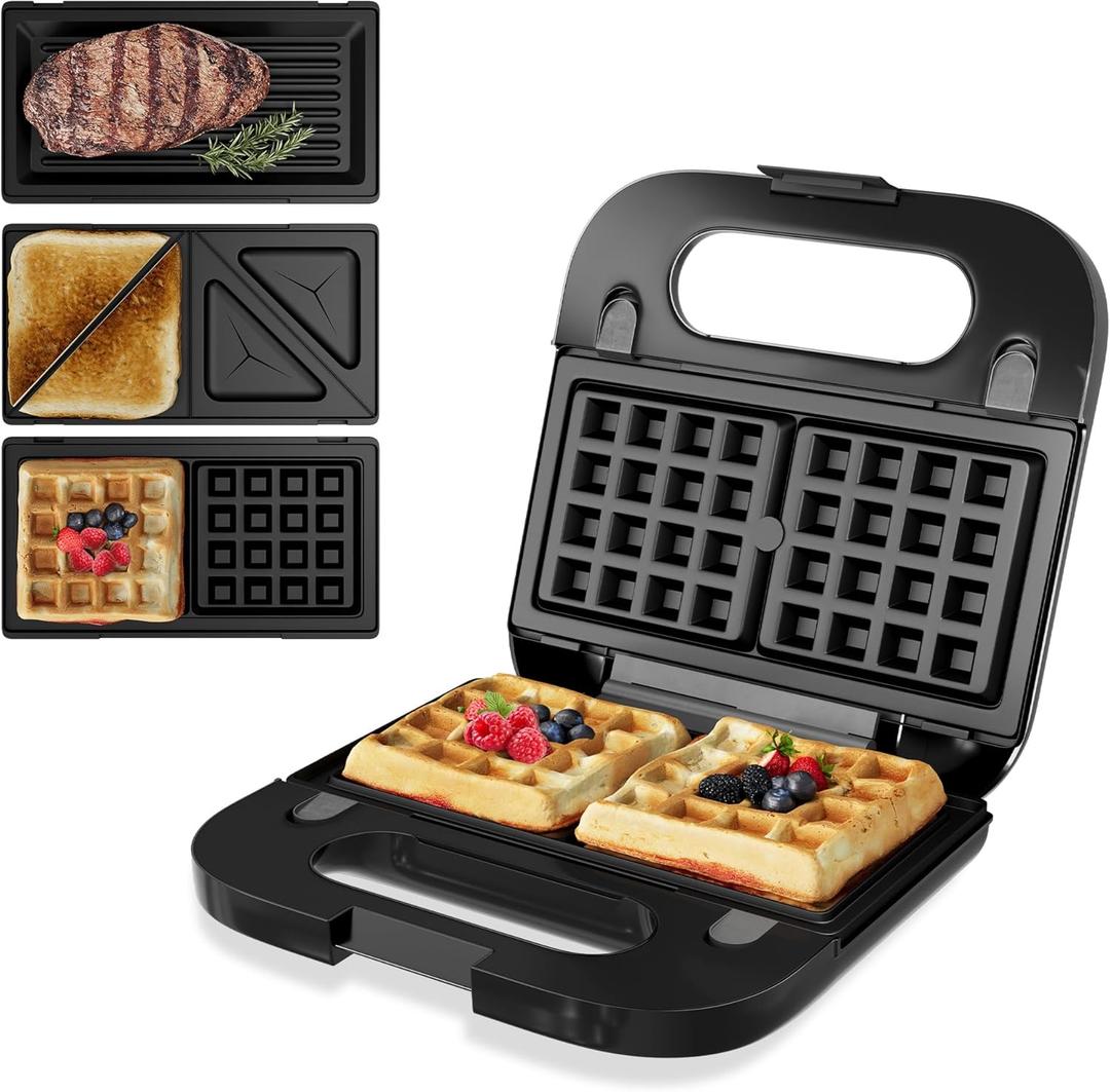 SUNVIVIPRO 3 in 1 Electric Sandwich Maker, Panini Press Grill and Waffle Iron Set, Grill and Sandwich Press with Removable NonStick Plates, Indicator Lights & Cool Touch Handle, 750W, Black