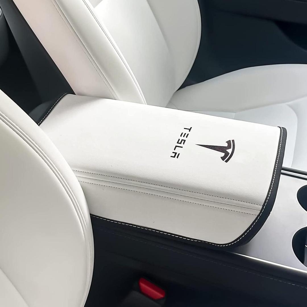 Car Armrest Cover for Tesla Model 3 Y Leather Center Console Armrest Box Cover Anti-Scratch Protector Pad Interior Accessories for Tesla Model 3 Model Y 2017-2024 (White)