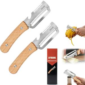3 in 1 Multifunctional Vegetable Peeler with Wooden Handle and Bottle Opener, Stainless Steel Peelers for Kitchen, Multi Functional Vegetable Peeler for Fruit Potato Carrot Pumpkin Zucchini (2 PACK)