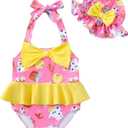 Kucnuzki Baby Girl Swimsuit Newborn One Piece Bathing Suit Bow Tie Bikini Tankini Infant Swimwear with Hat