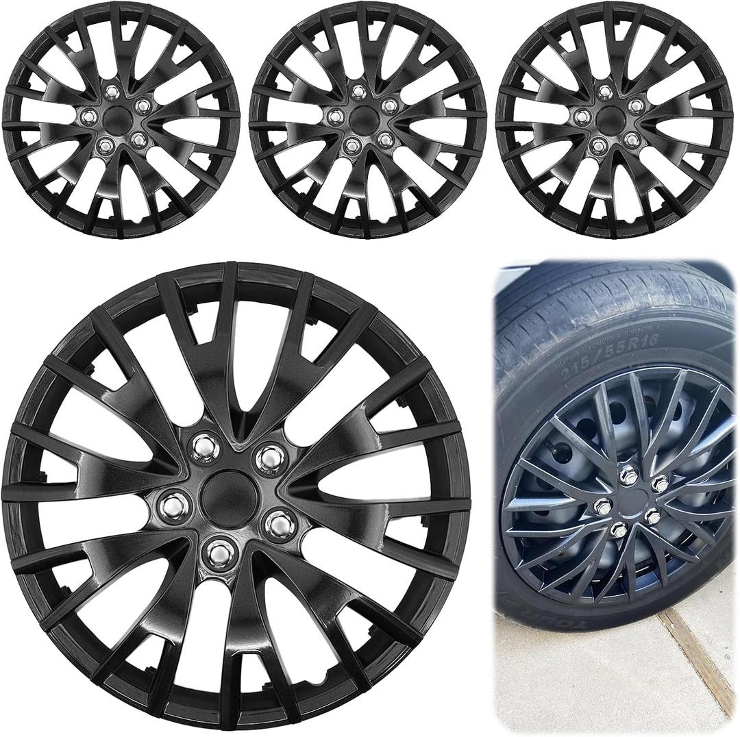 16 Inch Black Hubcaps Wheel Covers – Set of 4 Premium ABS Snap-On OEM Style Replacement for Cars, Trucks, SUVs & Vans – Durable, Secure Fit Rim Covers for 16” Steel Wheels