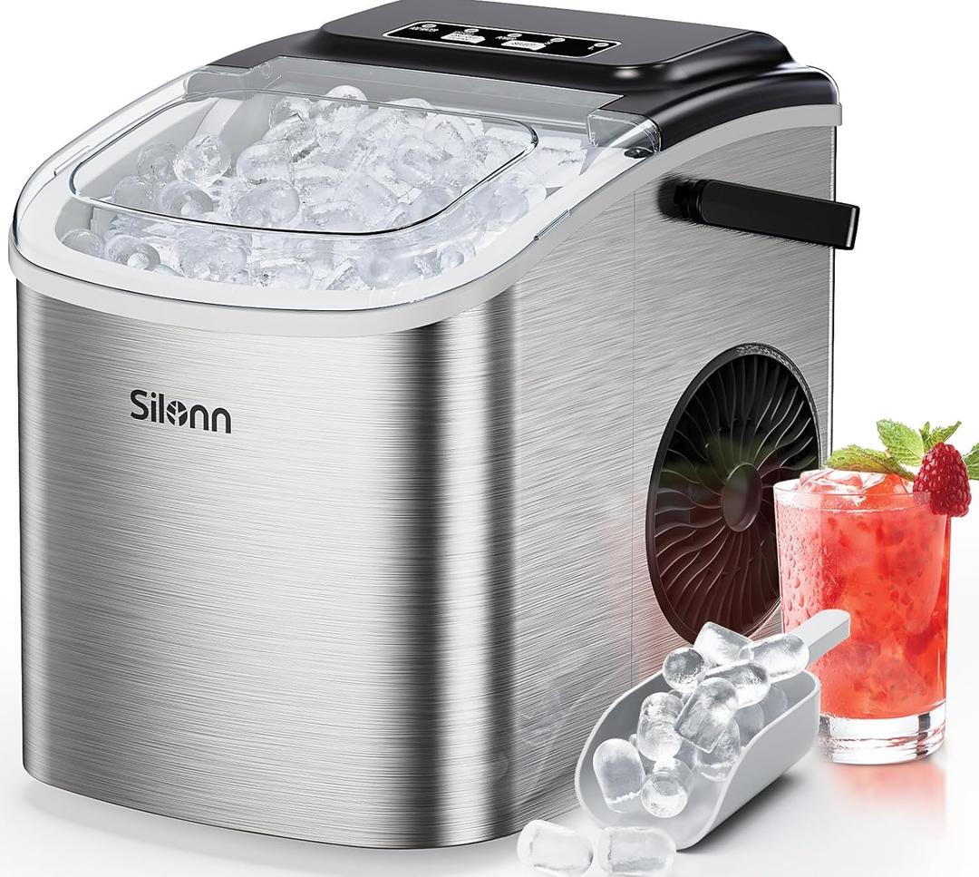 Silonn Ice Makers Countertop, Portable Ice Maker with Self-Cleaning 9 Cubes Ready in 6 Mins 26Lbs/24H 2 Sizes of Bullet Ice, Ice Machine for Home Kitchen and Office Bar Party,Stainless Steel