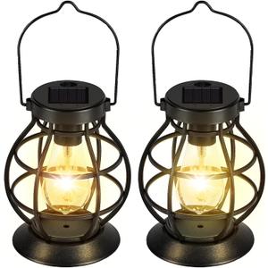 2 Pack Solar Lanterns Outdoor Hanging Lantern Lights, Metal Decor Lantern, Waterproof LED Decorative Garden Light - Garden Decoration for Patio, Yard, Pathway, Landscape (Black)