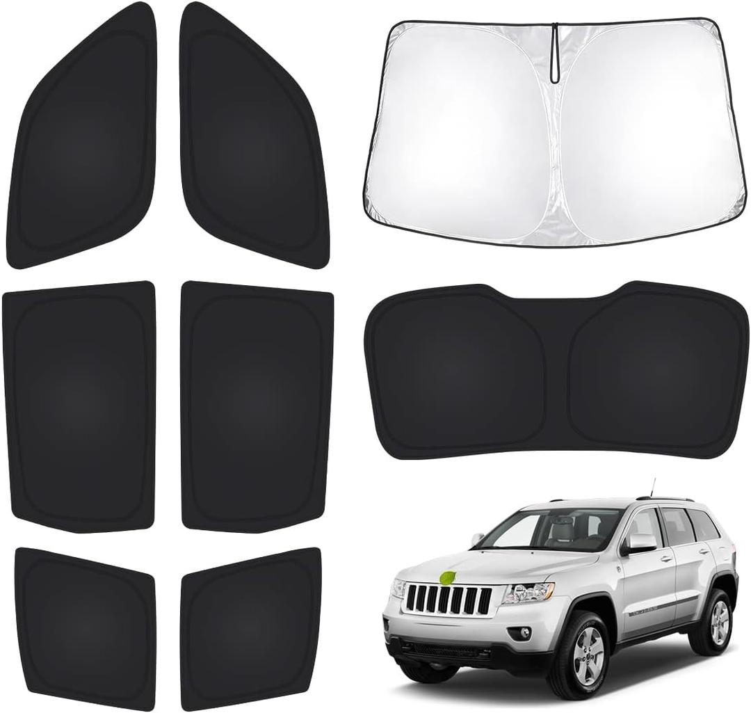T TGBROS Custom Fit for Sun Shades 2011-2021 Jeep Grand Cherokee Windshield & Rear & Side Windows & Triangular Window Sunshade Full Set Blocks UV Rays Foldable 8pcs