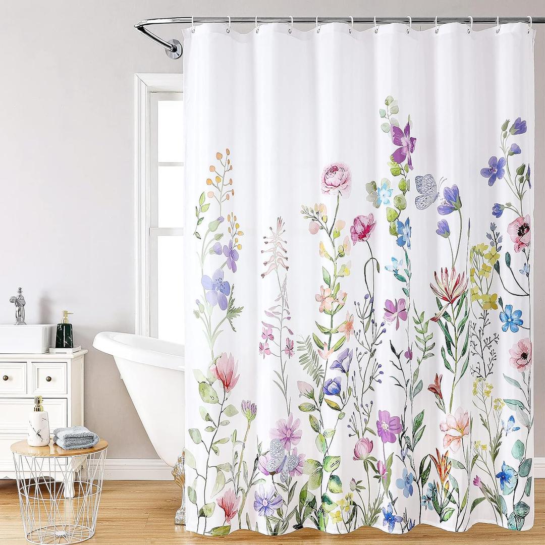 Floral Bathroom Shower Curtain with 12 Hooks, 72''x72'' Waterproof Polyester Fabric Plant Shower Curtain for Bathroom, Heavy Weighted Hem, Machine Washable Quick Dry