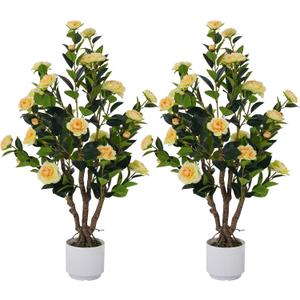 2 Pack Artificial Camellia Tree with White Pot, 38" Faux Potted Plants for Indoor Outdoor Decor, Tall Silk Greenery Plant for Home Offce Living Room Balcony, Yellow