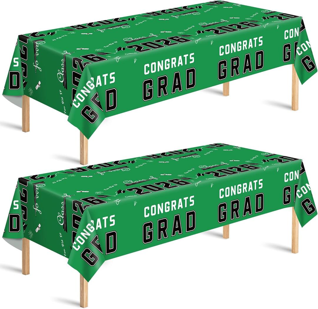 OHOME Graduation Decorations Class of 2026 2027 - Graduation Party Decorations - Plastic Green Tablecloth for Class of 2026 - Party Favors Supplies Banner Backdrop,2 Pack