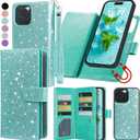 Varikke for iPhone 15 Pro Max Wallet Case Detachable with Card Holder for Women, Fashion Glitter Leather Strap Magnetic Flip Wallet Removable Phone Case Cover for iPhone 15 Pro Max 6.7", Mint Green