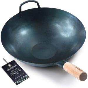 Pre Seasoned Blue Carbon Steel Flat Bottom Wok -14 Inch Chinese Pow Wok - Traditionally Hand Hammered Woks and Stir Fry Pans