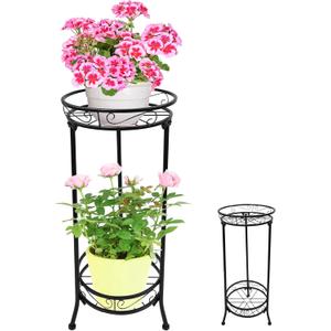 2 Tier Tall Metal Plant Stand for Indoor Outdoor Plants, 26.7In Corner Plant Stands Display Rack, Rustproof Iron Flower Pot Holder Shelf for Patio Balcony Garden Living Room (B)