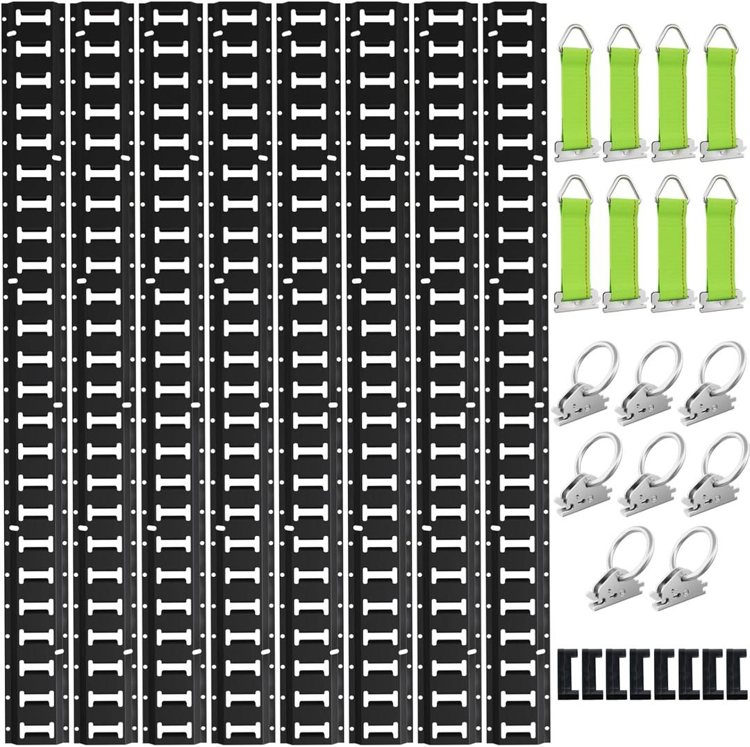 UMIRO E Track Tie-Down Rail Kit,32PCS 4FT E-Tracks Set Includes 8 Steel Rails & 8 O Rings & 8 Tie-Offs with D-Ring & 8 End Caps,Securing Accessories for Cargo,Motorcycles,and Bikes(Black, 4ft)