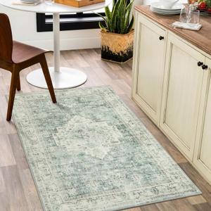 LIVEBOX Entryway Rug 3x5 Washable Area Rugs for Kitchen Bathroom, Non-Slip Front Door Mat for Bedroom, Boho Low-Pile Carpet Farmhouse Throw Indoor Mats for Bath Laundry Room, Sage Green