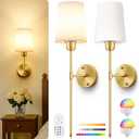 Battery Operated Wall Sconces Set of 2, Bronze Cordless Wall Lights with Rechargeable Magnetic Bulbs and Remote, Dimmable & 15 RGB Colors Wall Lamps for Bedroom Living Room Hallway 23Inch
