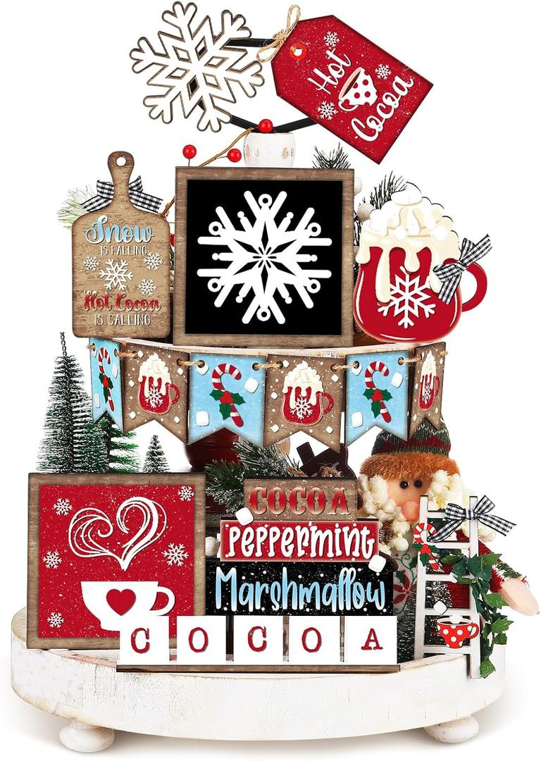 FairySandy Christmas Tiered Tray Decor Set Christmas Wooden Sign Rustic Farmhouse Snowflake Cocoa Coffee Spice Blocks Decorative Winter Table Tabletop Sign for Tiered Tray Home Xmas Shelf Coffee Bar, Warm