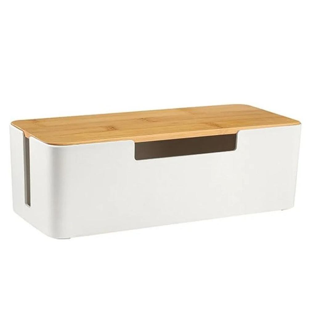 ABS Cord Organizer Box with Wooden Lid, Cable Management Box for Power Strips or Surge Protectors, Desk Cable Tidy Box for Office Home(White)