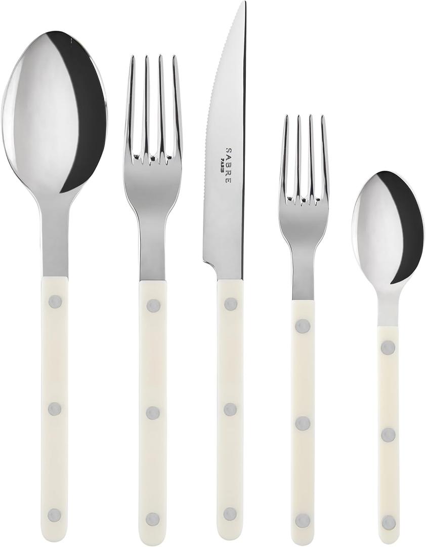 SABRE PARIS - 5-Piece Flatware Set - Bistrot Collection - Knife, Fork, Soup Spoon, Teaspoon & Dessert Fork - Stainless Steel & Nylon - Dishwasher Safe - Ivory - Brilliant Finish