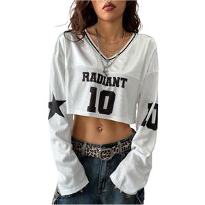 GORGLITTER Women's Number Graphic Jersey Shirts Y2k 90s Crop Top Mesh Long Sleeve Striped V Neck T Shirt