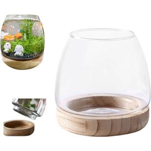 Round Fish Tank, Betta Fish Bowl Glass, Goldfish Bubble Bowl, Glass Pot for Plants, Hydroponic Plant Aquarium Fishbowl Detachable Wood Base, Small Terrarium Flower Vase, Centerpieces Desktop Decor