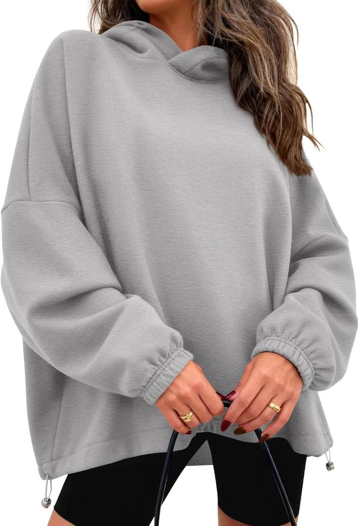 KIRUNDO Hoodies For Women 2026 Fall Fashion Hooded Oversized Sweatshirt Long Sleeve Fleece Pullover Trendy Winter Clothes (Small, Grey)