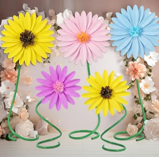Jaloro 5 Sets 19.7" 15.7" Giant Flowers with 5 ft Pipe Stem for Decoration Large Paper Flowers 3D Artificial Floral Decor Standing for Wedding Birthday Photo Wall (Colorful,Chrysanthemum,Sunflower)