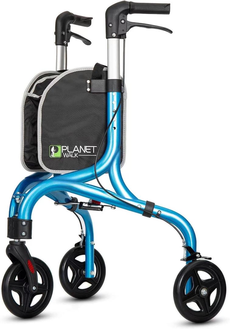 PLANETWALK Premium 3 Wheel Rollator Walker for Seniors Ultra Lightweight Foldable Aluminum Mobility Aid with Height Adjustable Handle and 8 Inch Wheels, Brilliant Blue