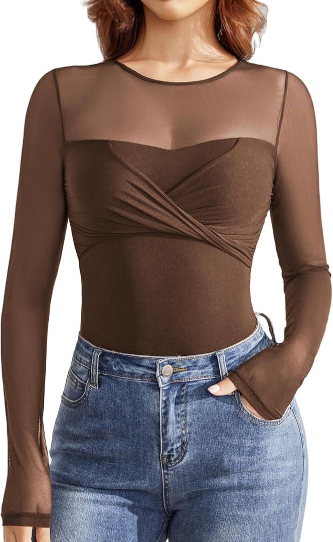 Avidlove Bodysuits for Women Long Sleeve Crew Neck Body Suit One Piece Sheer Leotard Twist Knot Going Out Tops (Medium, Brown)