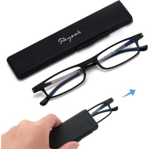 Ultra thin Lightweight Folding Reading Glasses Women Men TR90 Blue Light Blocking Anti UV/Eyestrain Foldable Compact Computer Readers Portable Unique Stretchable Slim Flat case Black +1.5