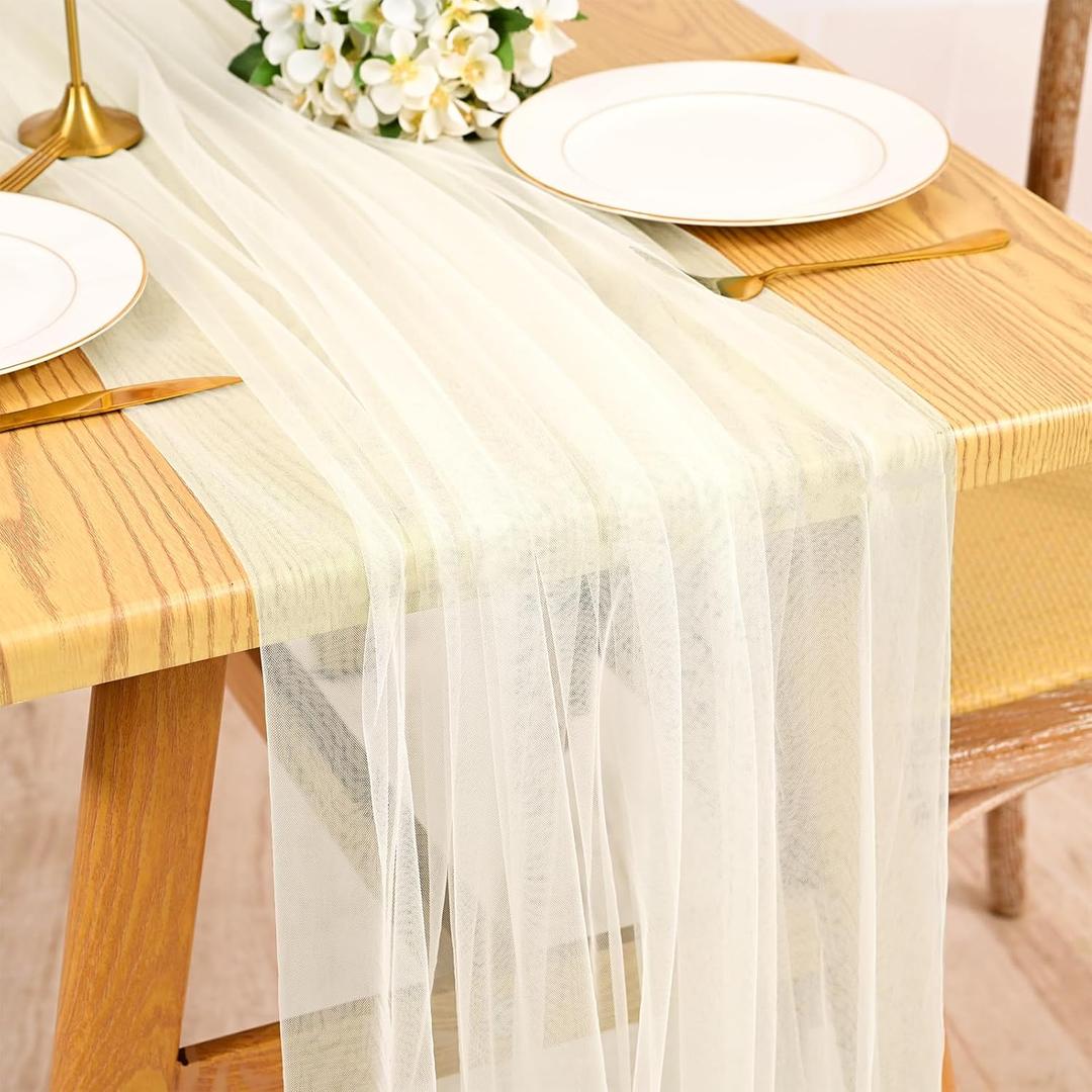 3 Pack Beige Soft Gauze Table Runner 10Ft Tulle Fabric Table Decor Romantic Long Sheer Table Runner for Wedding Holiday Birthday Anniversary Dinner Home Party, 60 x 120 inch/ 150 x 300 cm