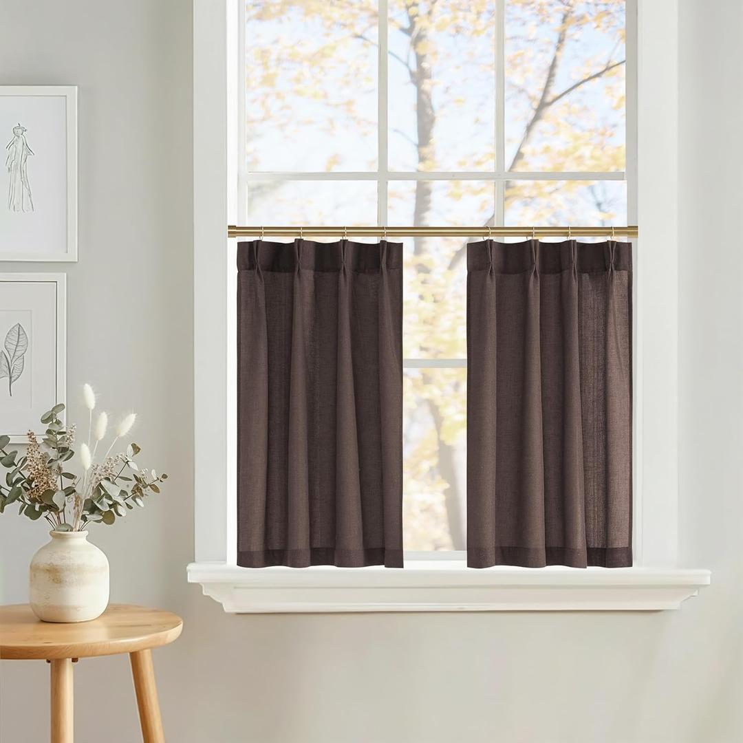 NICETOWN Pinch Pleated Linen Cafe Curtains Tiers 36 Inches Long for Kitchen Over Sink, 2 Panels Set Farmhouse Light Filtering Sheer Short Window Covering, 26" W x 36" L, Taupe
