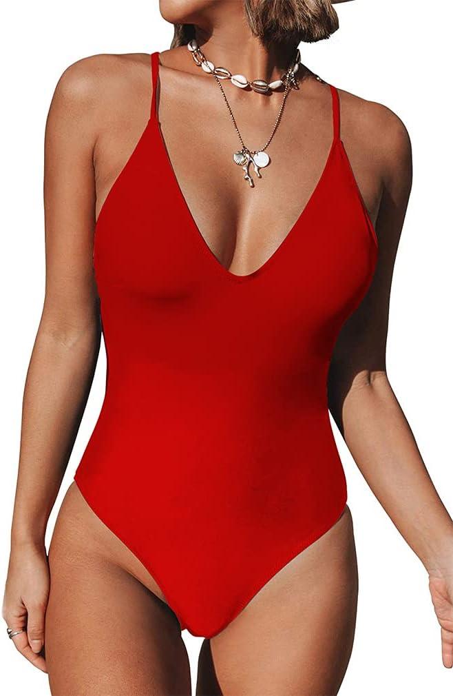 Women's One Piece Swimsuit Sexy V Neck Cross Back Bathing Suit High Cut Backless Swimwear (Red), Size: M