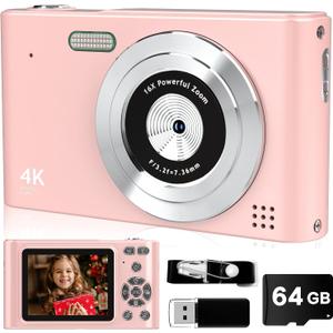 Digital Camera, 44MP Full HD 1080P Point and Shoot Camera with 64GB Card, Anti Shake 16X Zoom Compact Volg Cameras, Portable Small Digicam Gift for Kids, Ages Teen Girl Boy - Pink