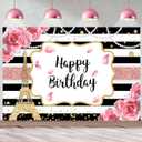 InMemory Pink Floral Happy Birthday Backdrop for Women Black White Stripe Rose Flowers Paris Effel Tower Pearls Photography Background Cake Table Banner Wall Decor Photo Shoot Studio Props 7x5ft