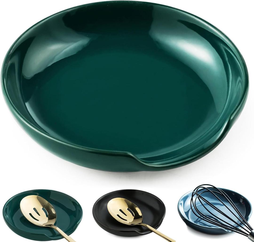 LYEOBOH Spoon Rest for Stove Top, Porcelain Spoon Holder Cooking Spoon Rest for Kitchen Counter, 5 Inch Kitchen Ladles Rest for Spatula, Tongs, Farmhouse Decor, Mother's Day Gifts, Dark Green
