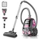 PKUYIE Canister Vacuum Cleaner, 40Kpa 1600W Cyclon Power Bagless Canister Vacuum Cleaners for Home, 3.7QT Large Dust Cup, Lightweight Vac for Hard Floors, Carpets, Pet Hair, Pink