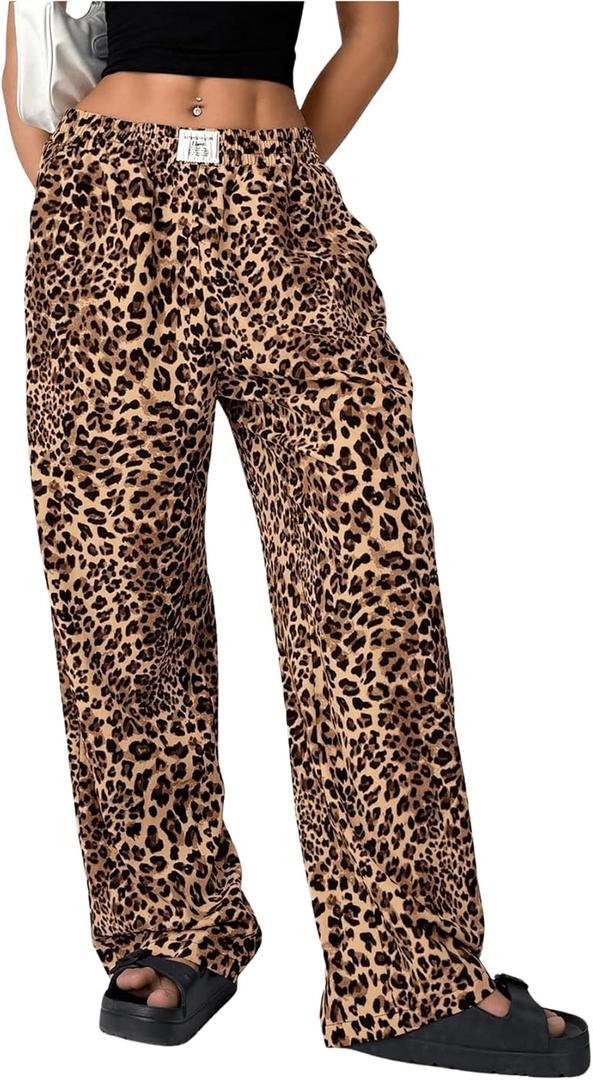 Women's Letter Leopard Print Straight Leg Pants Elastic Waist Y2K Trousers Bottoms with Pockets (Large, Khaki)