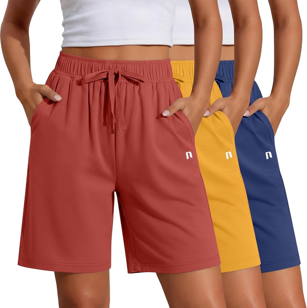 Neer 3 Pack Women's Quick Dry Shorts Women Drawstring High Waisted Bermuda Athletic Shorts with Pockets(Brick Red, Bright Yellow, Indigo,Medium)