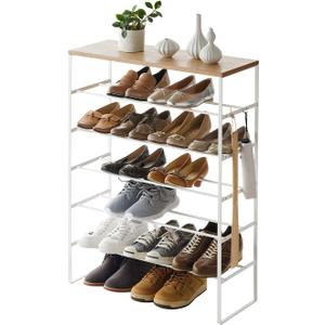 YAMAZAKI Home Six-Tier Shoe Organizer Tall Slim Shoe Rack for Entryway Or Closet, Narrow Metal Shoe Storage with Wooden Top, Steel, White, Easy Assembly, 34" - Steel - Holds 18 to 21 Shoe
